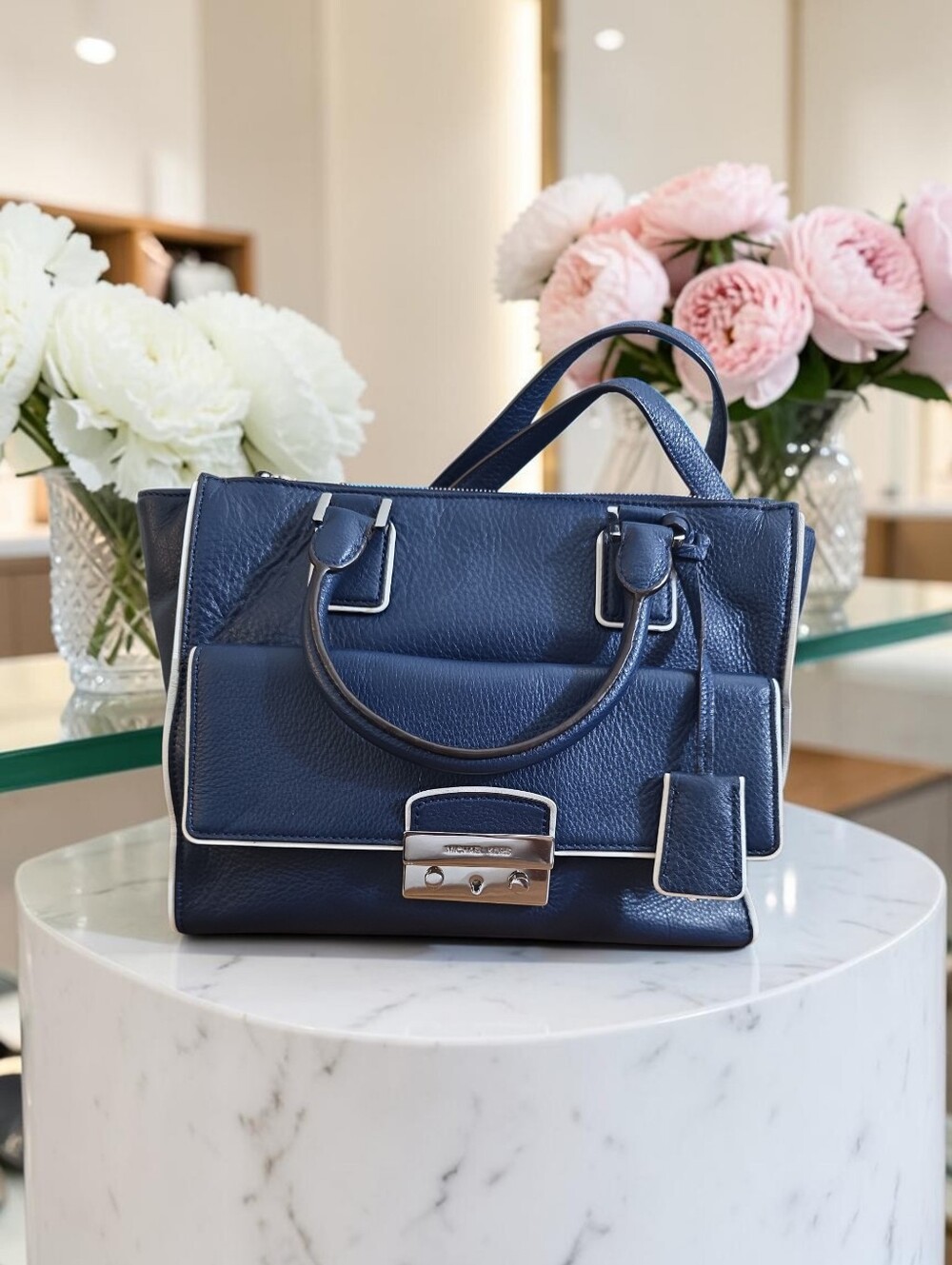 Michael Kors- Navy Blue Leather Satchel with White Trim
